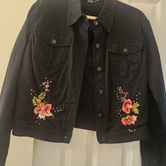 Lana Erica boho black lightweight jacket Moto floral embroidery XL - Picture 2 of 11